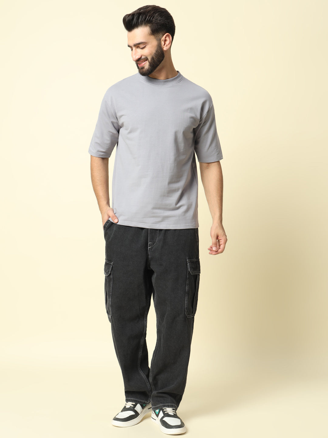 Light Grey Solid Oversized T-Shirt