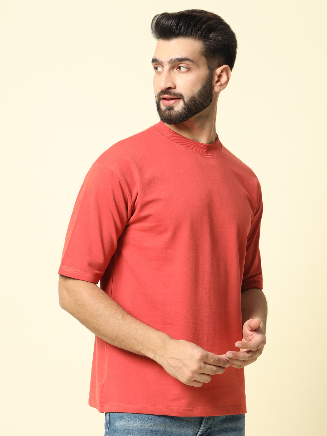 Coral Red Solid Oversized T-Shirt