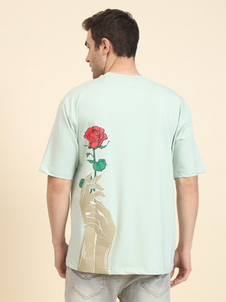 Rose Print Oversized Pista Green T-Shirt